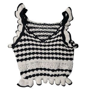Black & White Stripe Coastal Grandma Cottagecore Boho Ruffled Crochet Crop Top L
